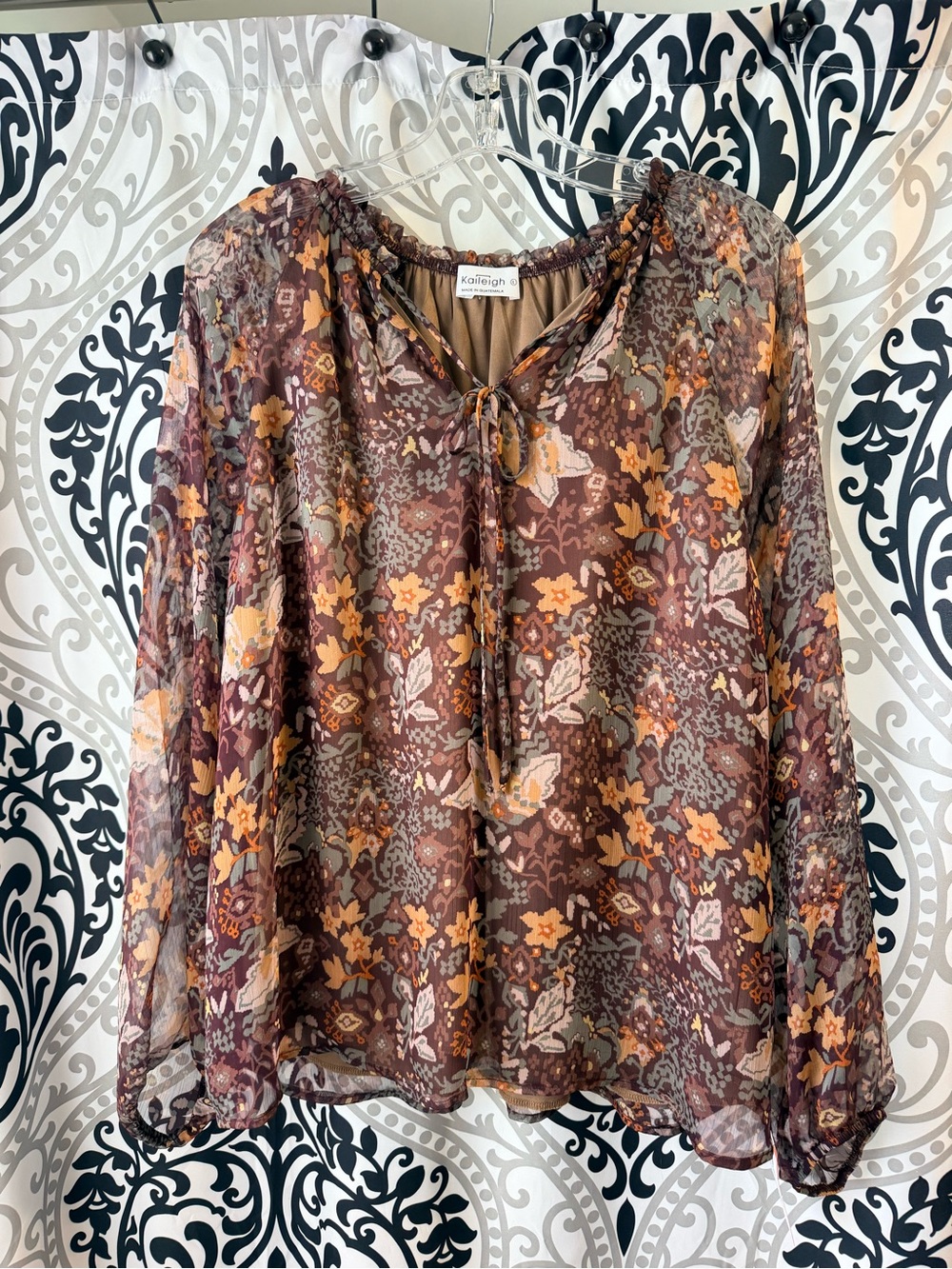 Kaileigh Brown Multi Floral Tie-Neck Sheer Blouse
